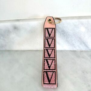 Victoria's Secret Pink Black V Logo Rhinestone Wristlet Strap Ring Keychain